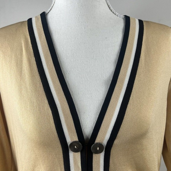 Exclusively Misook Tan Knit Cardigan Jacket S Buttoned black white trim - Picture 2 of 11